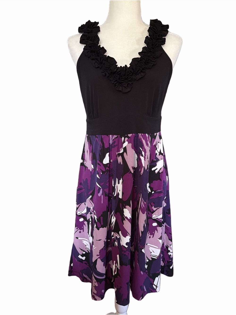 Apt. 9 Black Bodice with Purple Floral Skirt One-Shoulder Dress